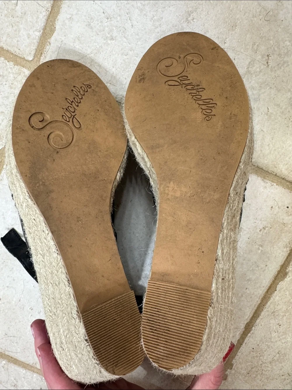 Seychelles Black Leather Peep-Toe Espadrille Wedge Sandals